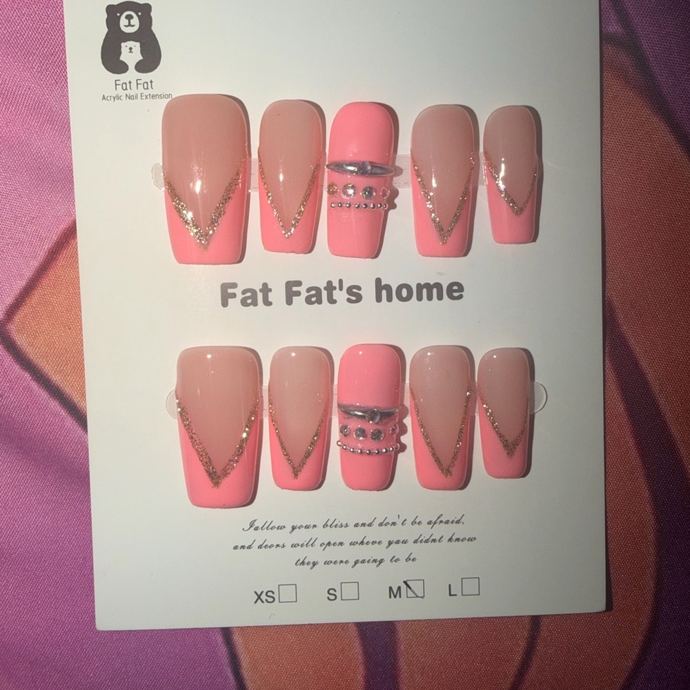 Pink and Nude Acrylic Nail Set with Rhinestones